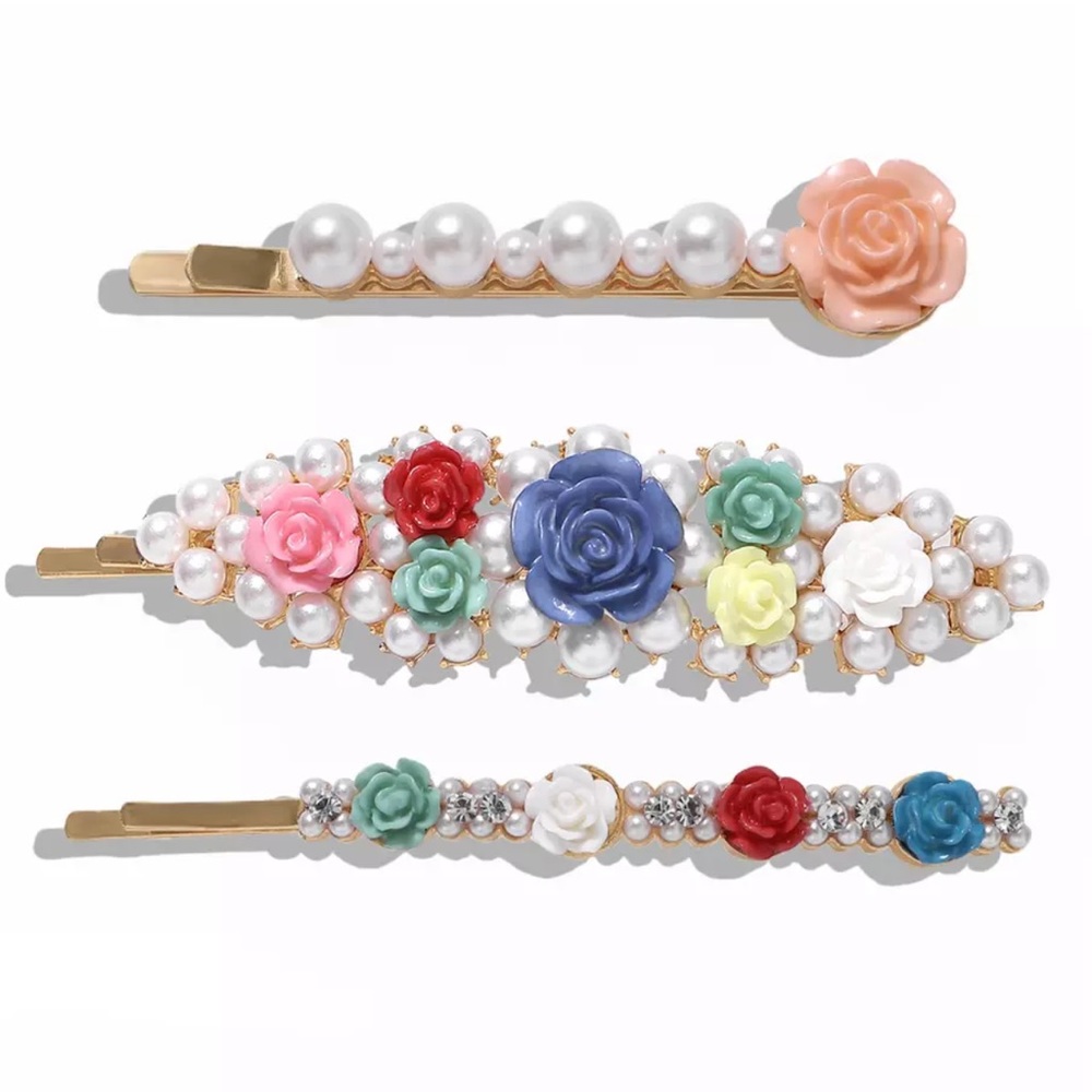[NEW] FLORAL DESIGN PEARL HAIR CLIPS - Set of 3